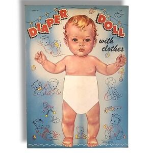 Vintage Diaper Doll with Clothes Uncut Baby Paper Doll Lowe 1940s Nursery Cute